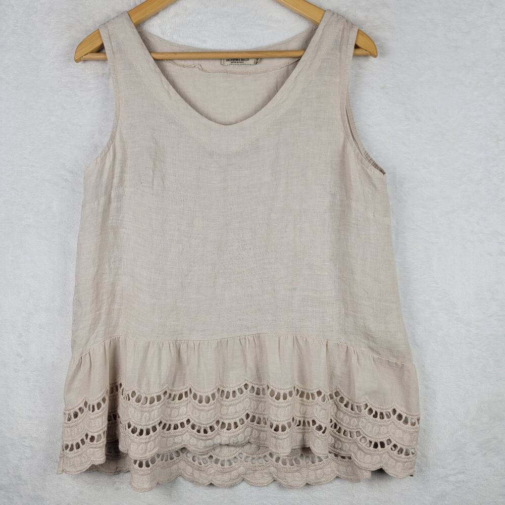 Cottagecore Sz Medium Tank Top Ruffled Eyelet Beige 100% Linen Bohemian Casual